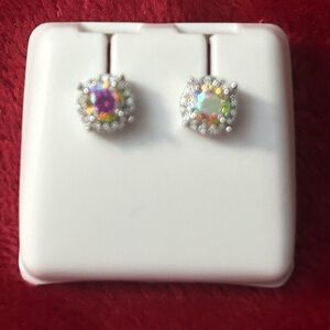 Moissanite Iridescent 925 Silver Halo Post Earrings- NWOT